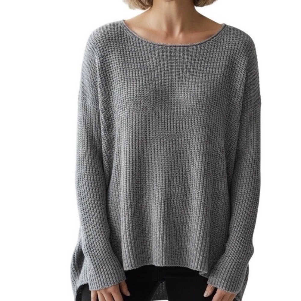LOFT Gray Shaker Knit Boat Neck High Low Pullover Sweater Womens XL Relaxed Fit